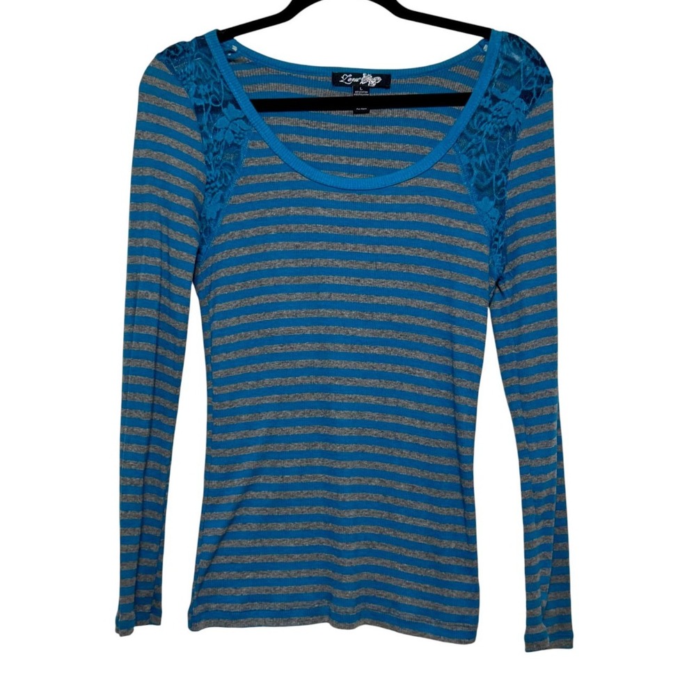 Vintage Lena‎ Y2K Stripe Lace Shoulder Top Women Size L Indie Sleaze Coquette